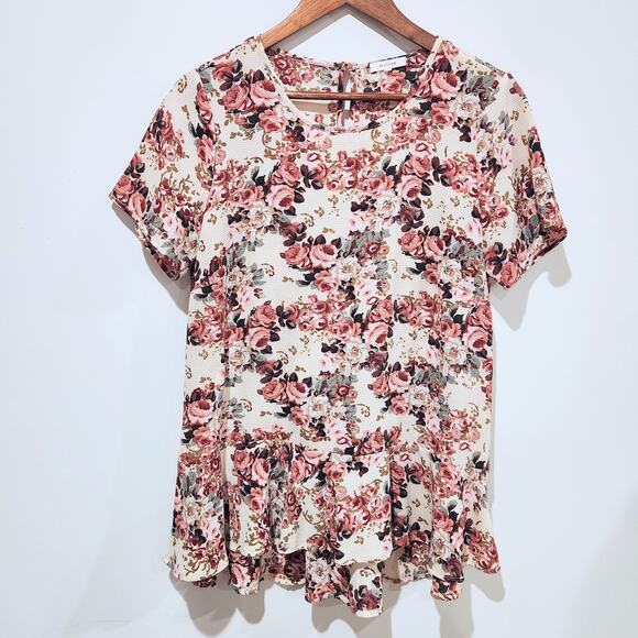 Pleione Pebbled Crepe Ruffle Floral Peplum Blouse Size Medium Bloomcore Cottage - Picture 1 of 10